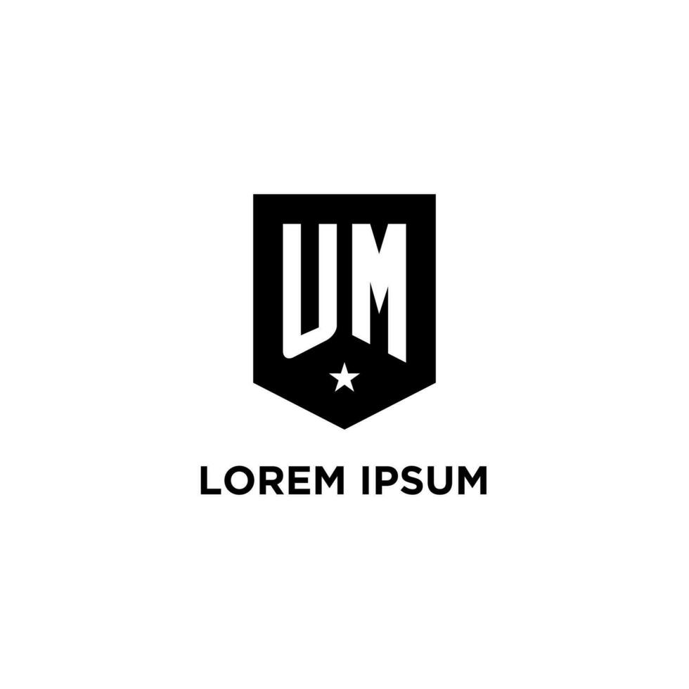 UM monogram initial logo with geometric shield and star icon design style vector