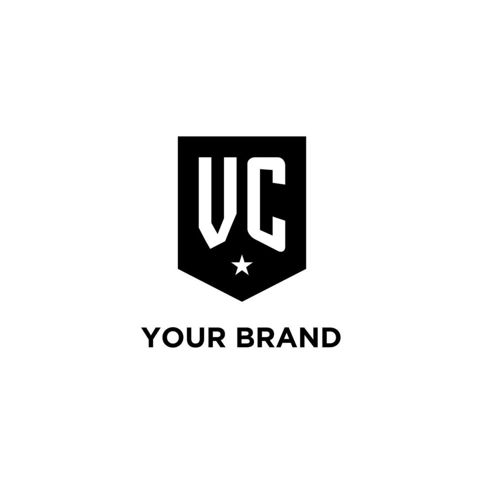 VC monogram initial logo with geometric shield and star icon design style vector