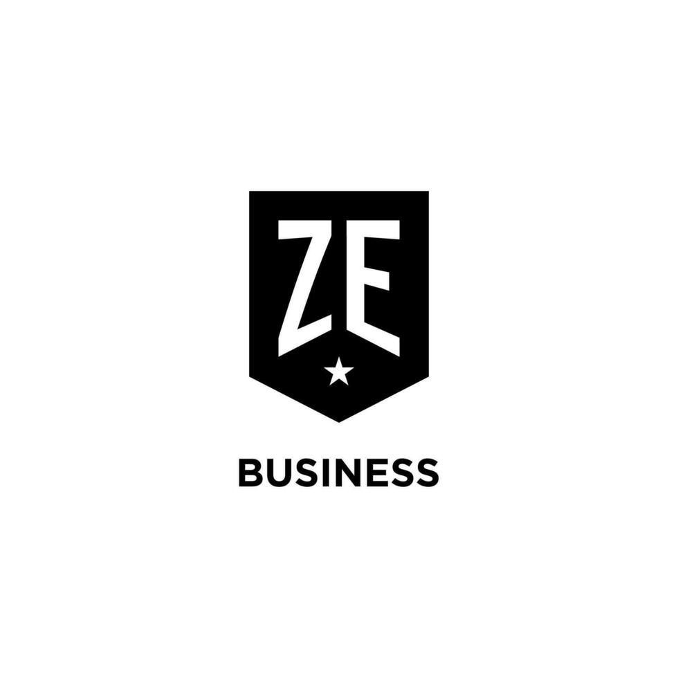 ZE monogram initial logo with geometric shield and star icon design style vector