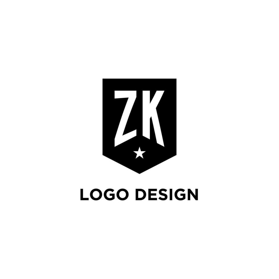 ZK monogram initial logo with geometric shield and star icon design style vector