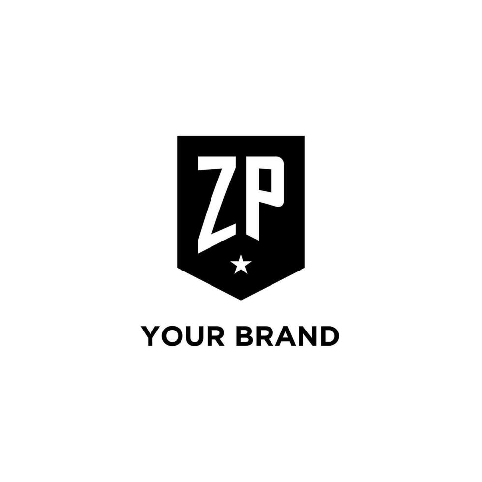 ZP monogram initial logo with geometric shield and star icon design style vector