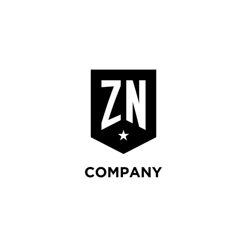 ZN monogram initial logo with geometric shield and star icon design style vector