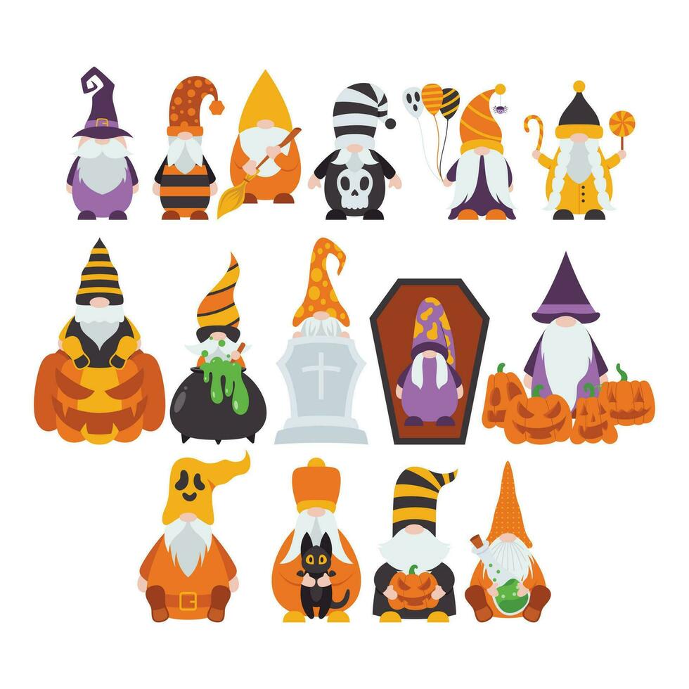 Cute Halloween Gnomes Illustration Isolated On White Background. Cute Gnomes Halloween Character Illustration. Cute Gnomes Clip Art For Halloween Day. vector