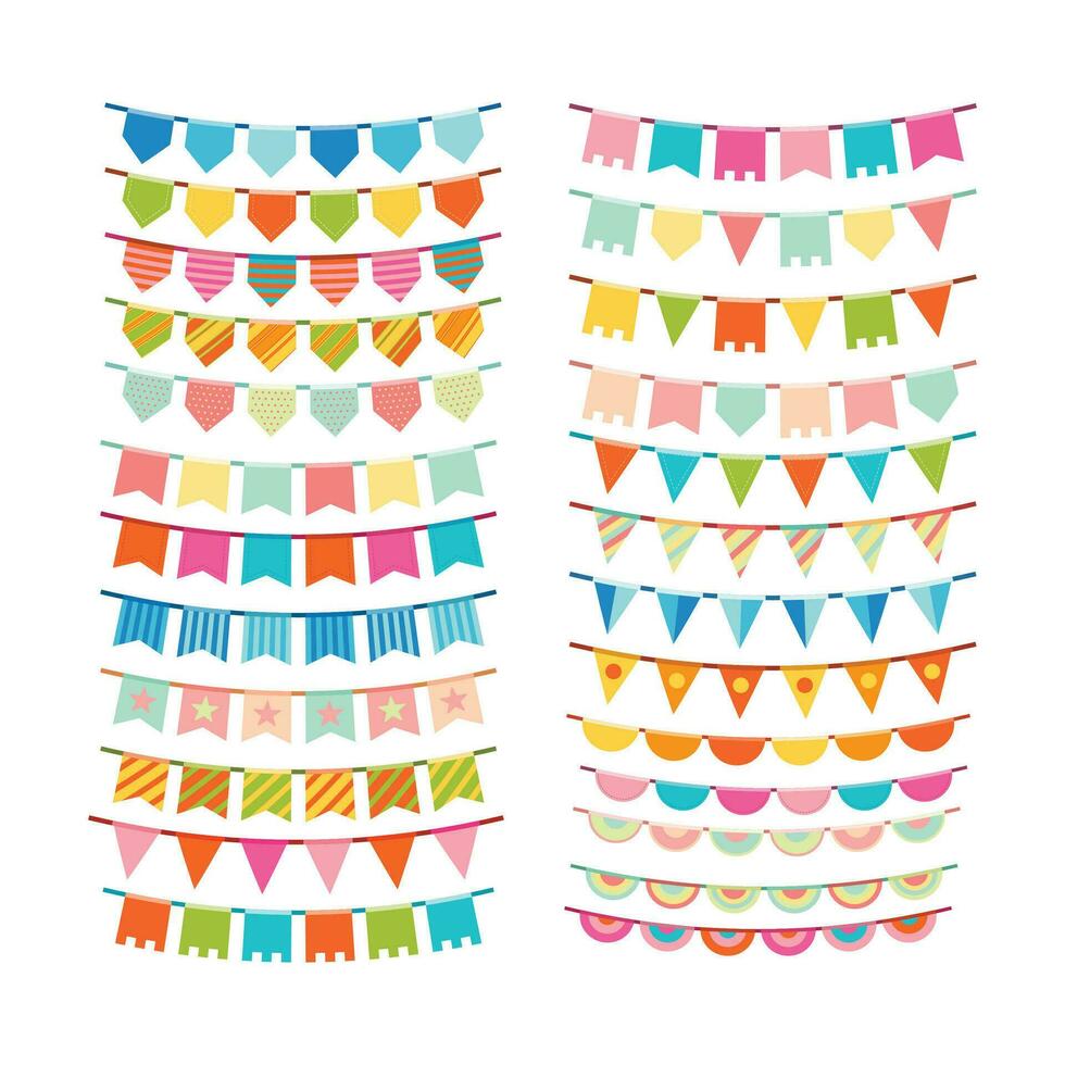 Carnival garland with flags. Decorative colorful party pennants for birthday celebration. Bunting and garland set. Colorful festive flags. Elements for celebrating, party or festival design. vector
