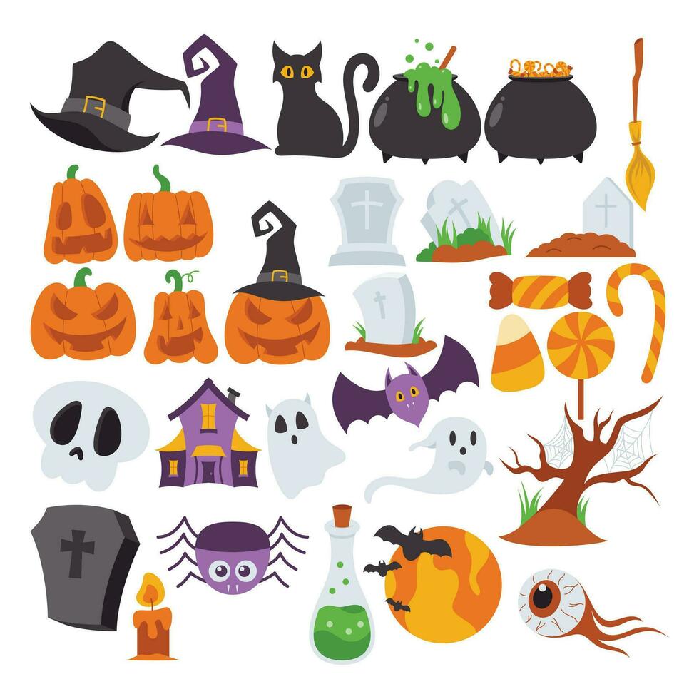 Spooky Halloween Flat Design Elements. Halloween Cartoon  Illustration isolated on white background. scary and creepy element icon. Design elements for traditional and cultural holiday concepts. vector