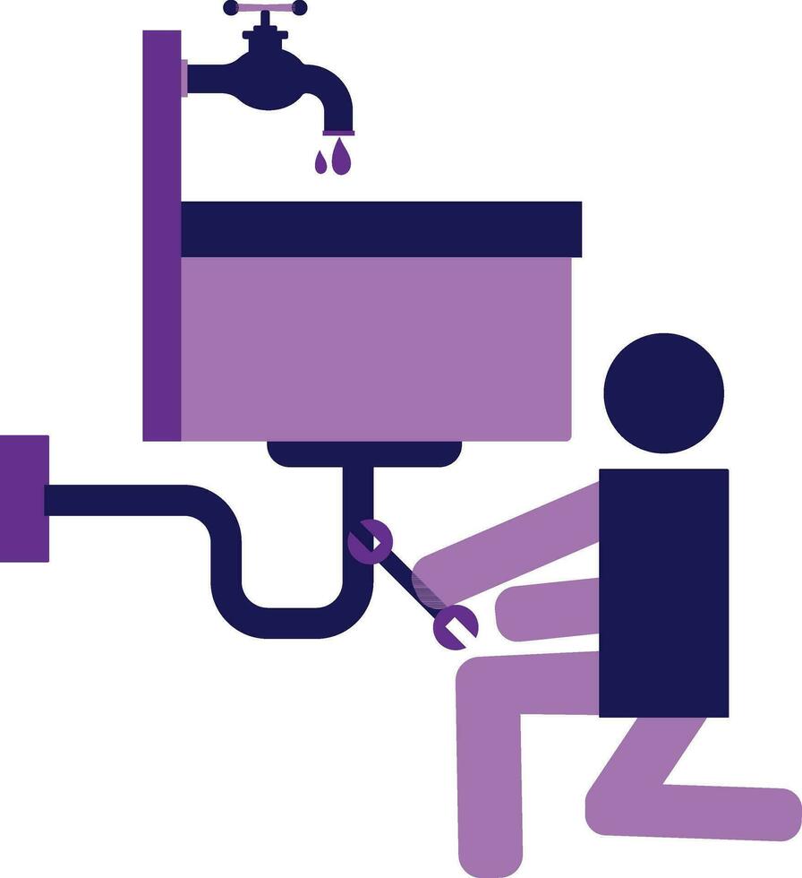 Character of man holding wrench and falling water in sink. vector