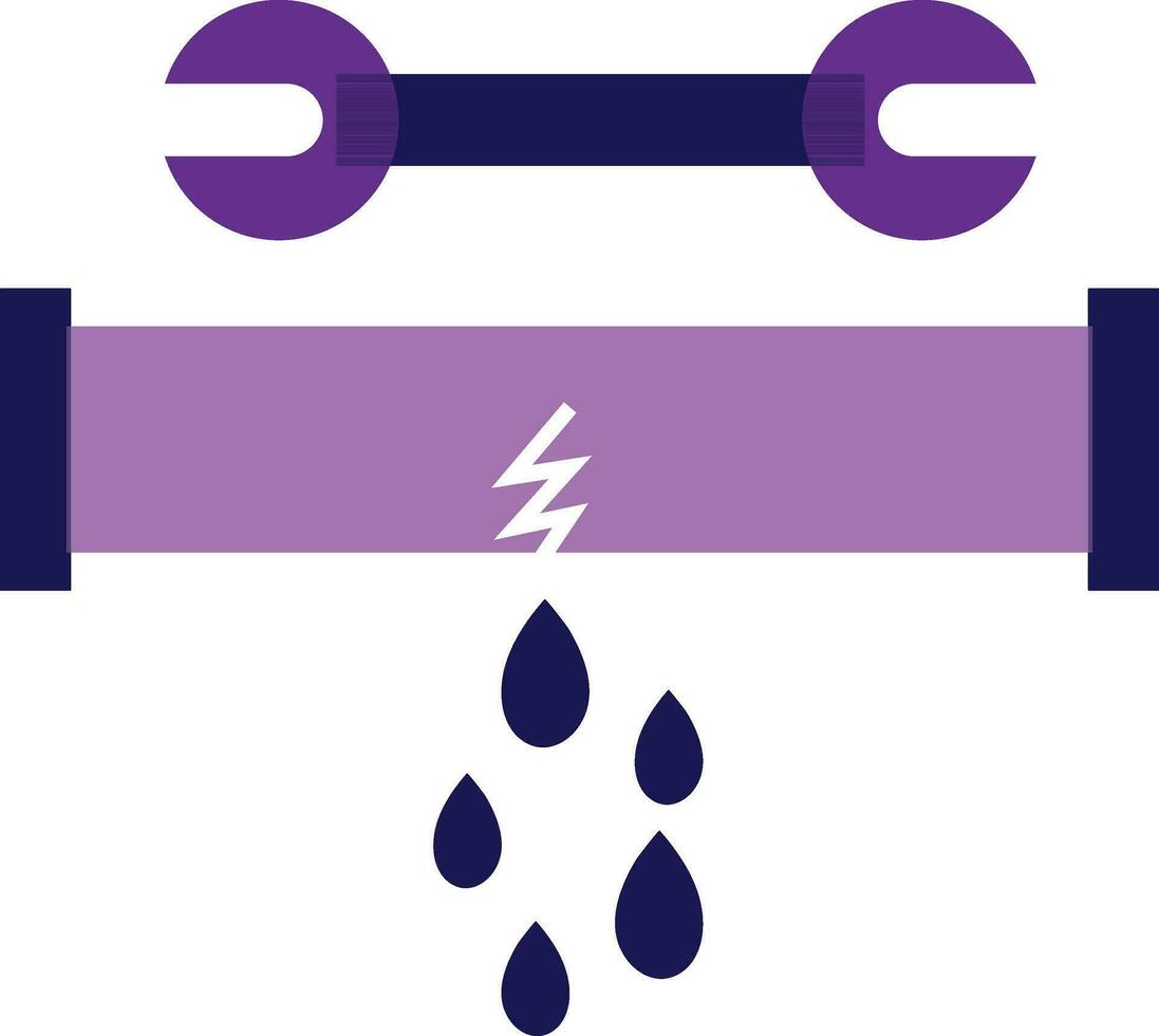 Purple broken pipe with wrench in flat style. vector