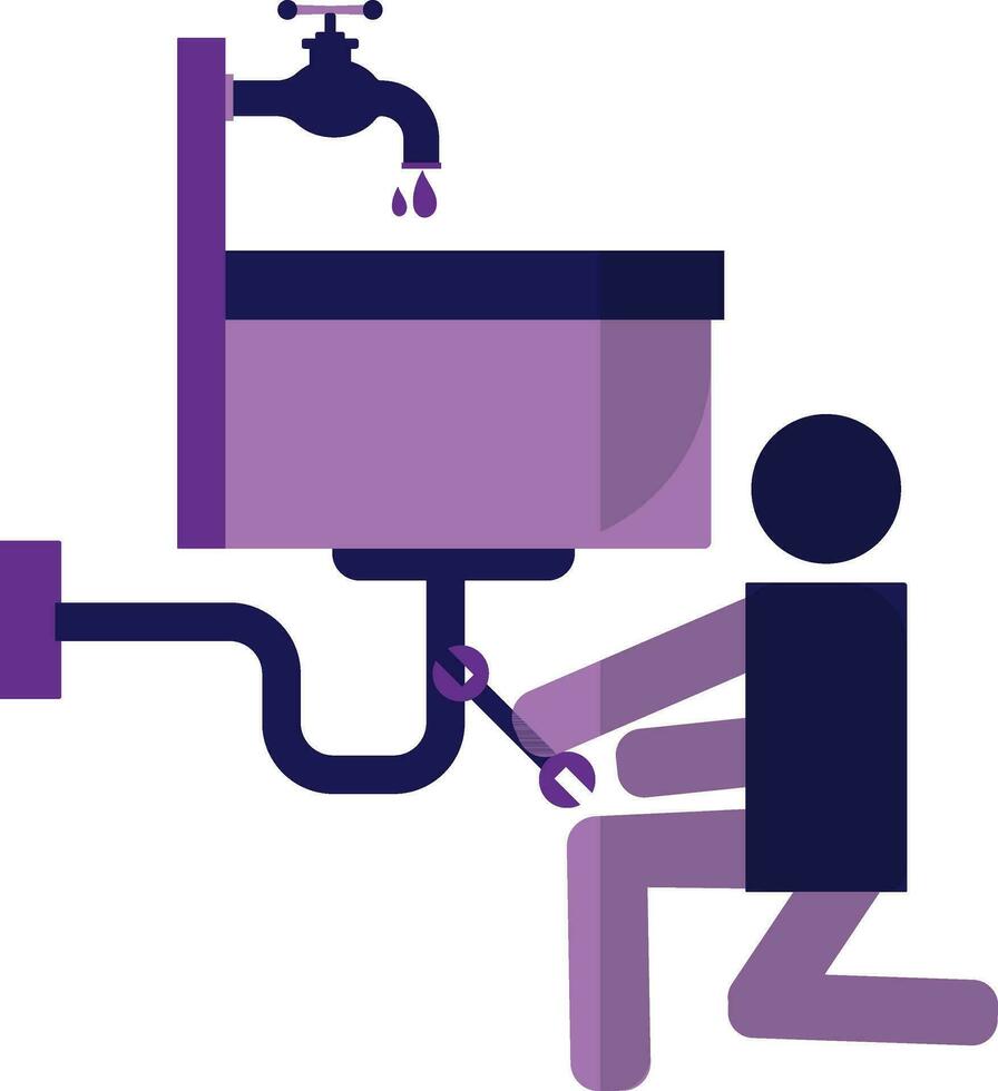 Character of man holding wrench and falling water in sink. vector