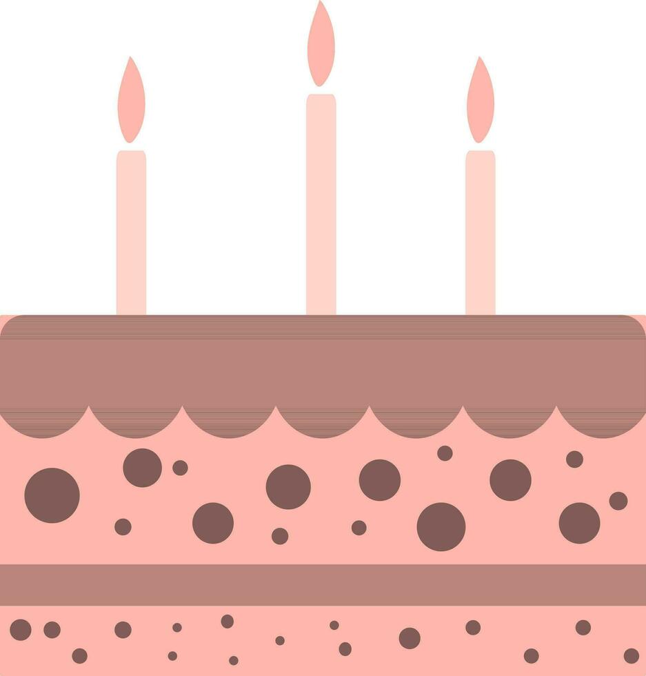 Decorated brown cake with burning candles. vector