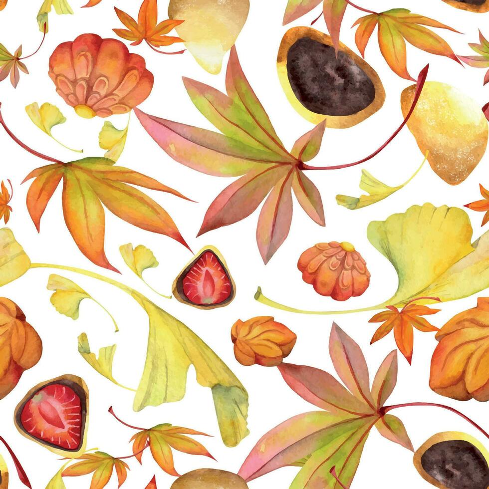 Watercolor seamless pattern with hand drawn traditional Japanese sweets. Wagashi, mochi, autumn maple leaves Isolated on white background. Invitations, restaurant menu, greeting cards, print, textile vector