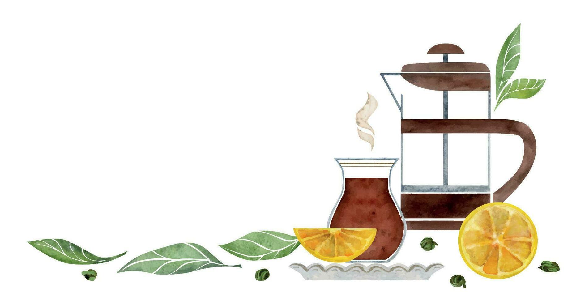 acuarela mano dibujado ilustración. francés prensa, té taza en platillo, verde hojas, naranja rebanadas aislado objeto en blanco antecedentes para invitaciones, cafetería, restaurante comida menú, imprimir, sitio web, tarjetas vector