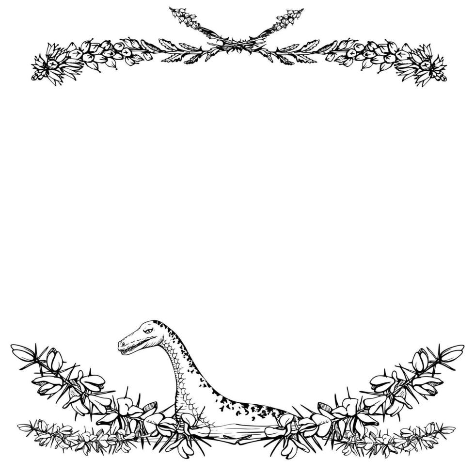 Ink hand drawn vector illustration. Scotland symbols. Loch Ness ancient monster Nessie and heather and scotch broom flowers border. Square frame. Design for tourism, travel, brochure, booklet, print.