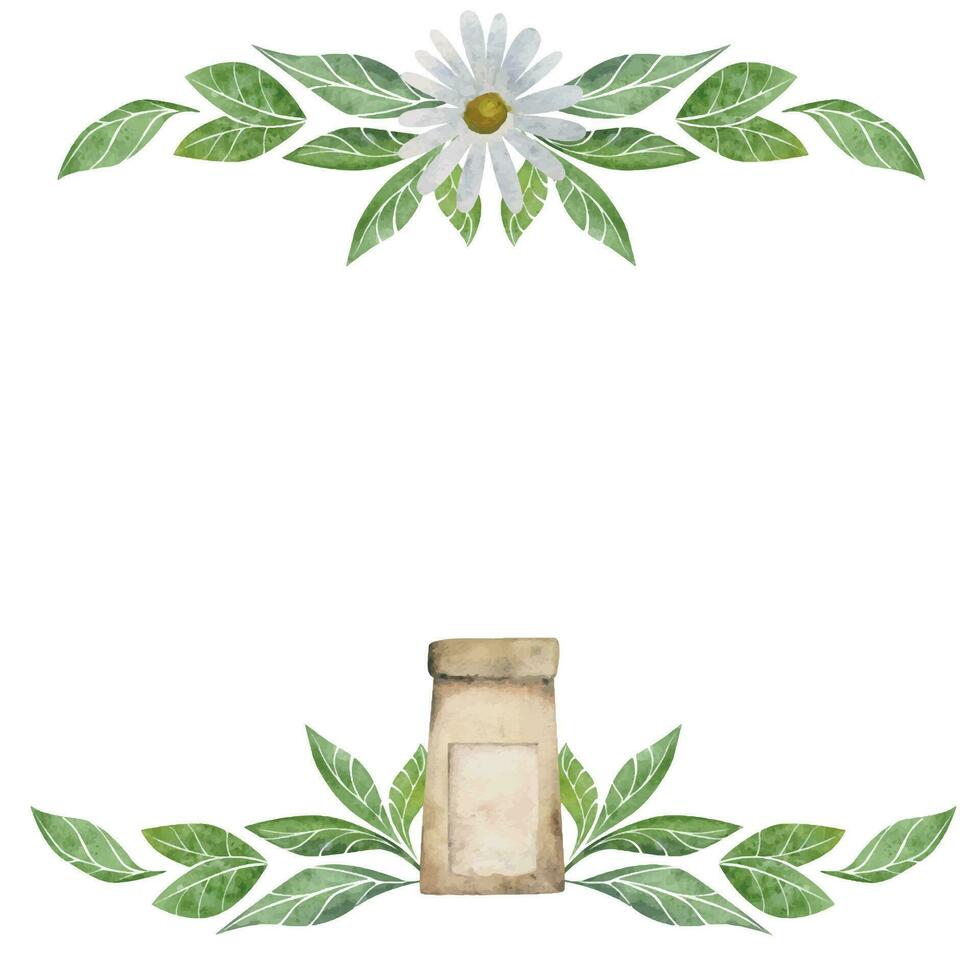 Watercolor hand drawn illustration. Tea green leaves garland, paper bag, camomile flower. Square frame. Isolated on white background. For invitations, cafe, restaurant food menu, print, website, cards vector