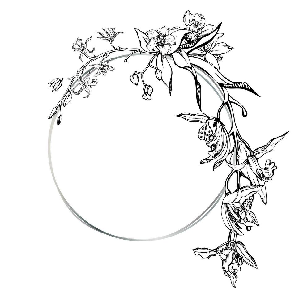 Hand drawn vector ink orchid flowers and branches, monochrome, detailed outline. Circle wreath composition. Isolated on white background. Design for wall art, wedding, print, tattoo, cover, card.