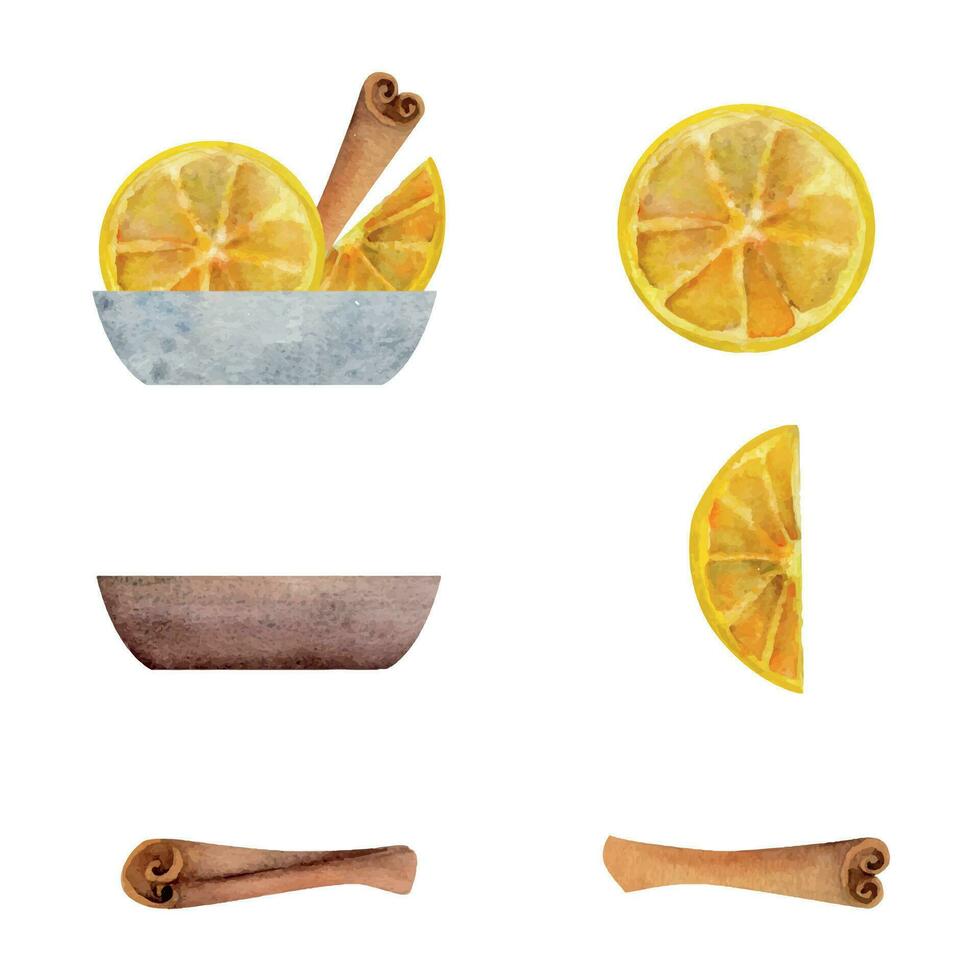 Watercolor hand drawn illustration. Lemon slices and cinnamon sticks in porcelain or clay saucer. Isolated object on white background. Invitations, cafe, restaurant food menu, print, website, cards vector