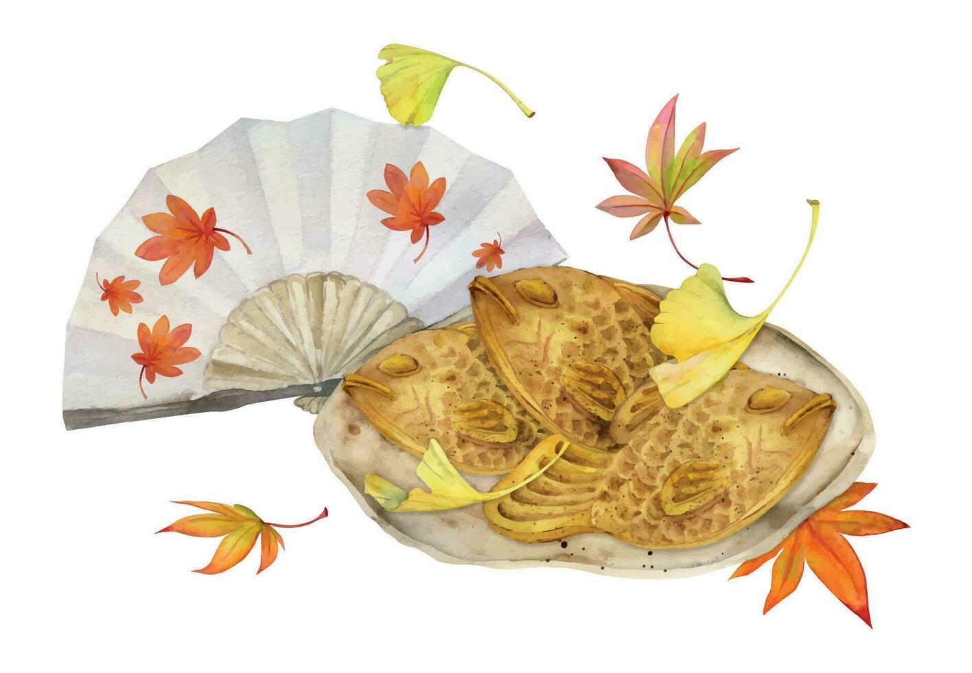acuarela mano dibujado tradicional japonés dulces cerámico plato, otoño neri-kiri, mochi, daifuku. aislado en blanco antecedentes. diseño para invitaciones, restaurante menú, saludo tarjetas, imprimir, textil vector