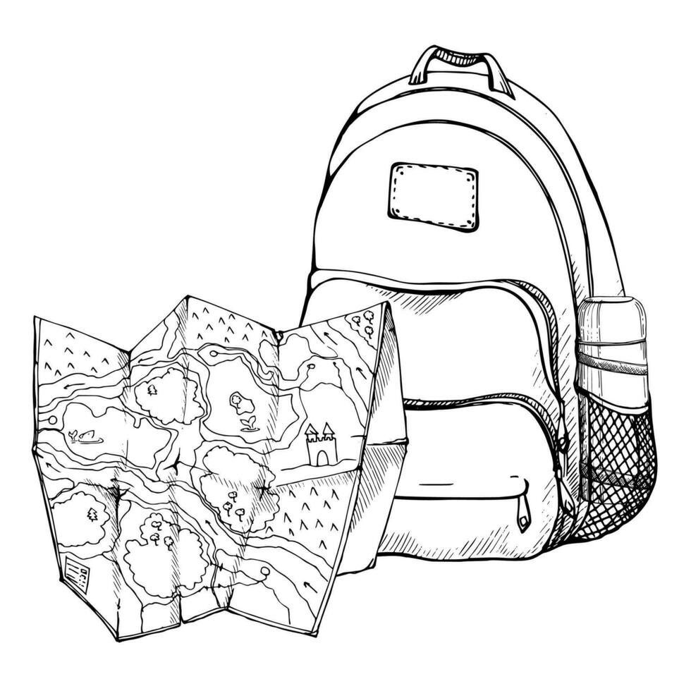 Ink hand drawn vector graphic outline sketch.Tourist accessories backpack rucksack bag, vacuum flask, navigation folded map. Design for tourism, travel, brochure, wedding, guide, print, card tattoo.
