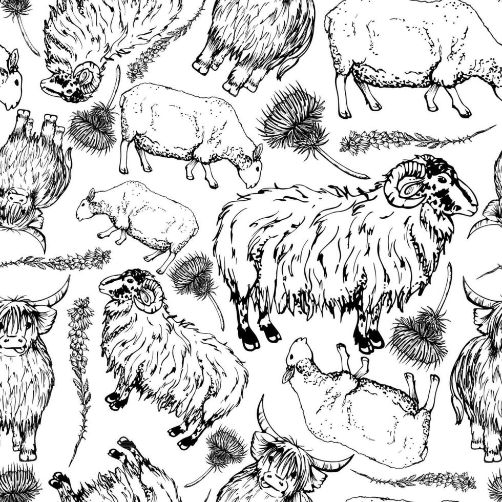Ink hand drawn graphic vector sketch. Seamless pattern with scottish symbol objects. Sheep and horned ram, hairy coo cow, animals, thistle flower. Design for wallpaper, print, paper, textile, fabric.