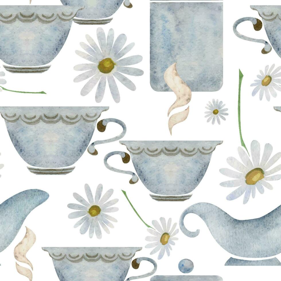 Hand drawn watercolor teaware, tea lemon, dishes crockery porcelain, hot beverage. Seamless pattern isolated on white background. For invitations, cafe, restaurant food menu, print, website, cards vector