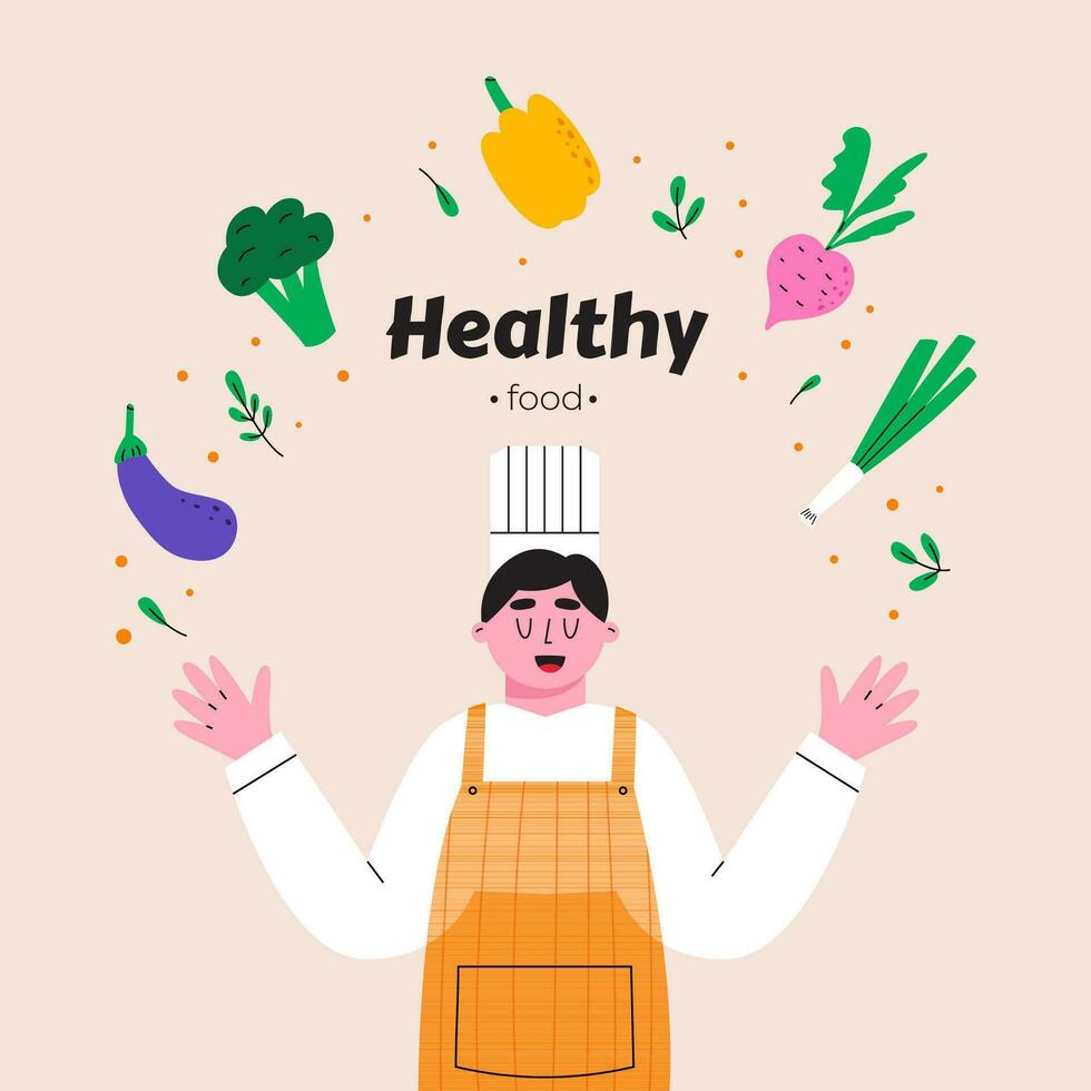 Male chef cooks healthy food vector
