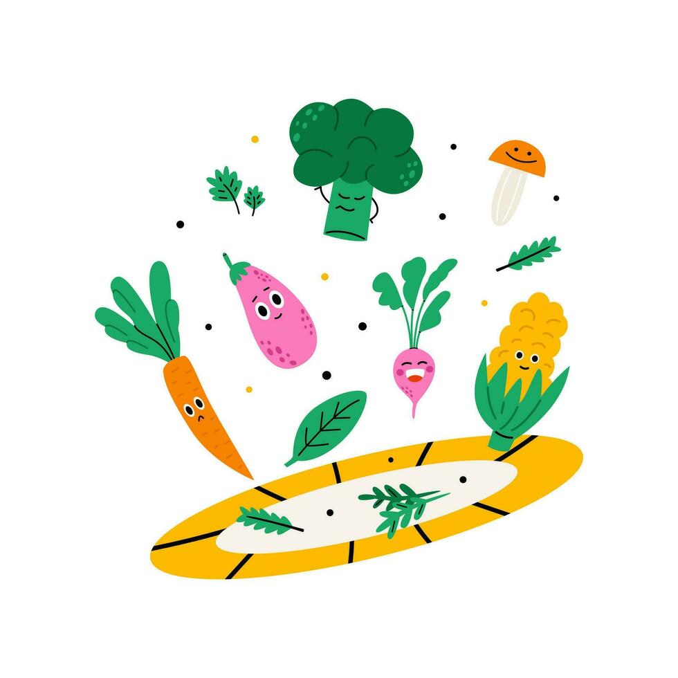 linda vegetal caracteres en plato vector