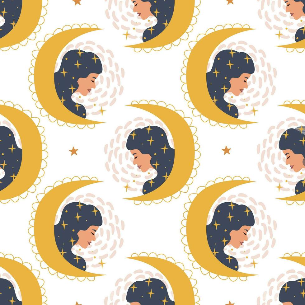 Mystical pattern. Girl and crescent. Seamless pattern. Vector illustration