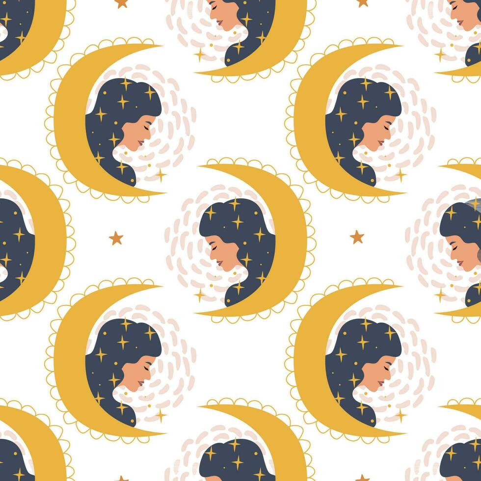 Mystical pattern. Girl and crescent. Seamless pattern. Vector illustration