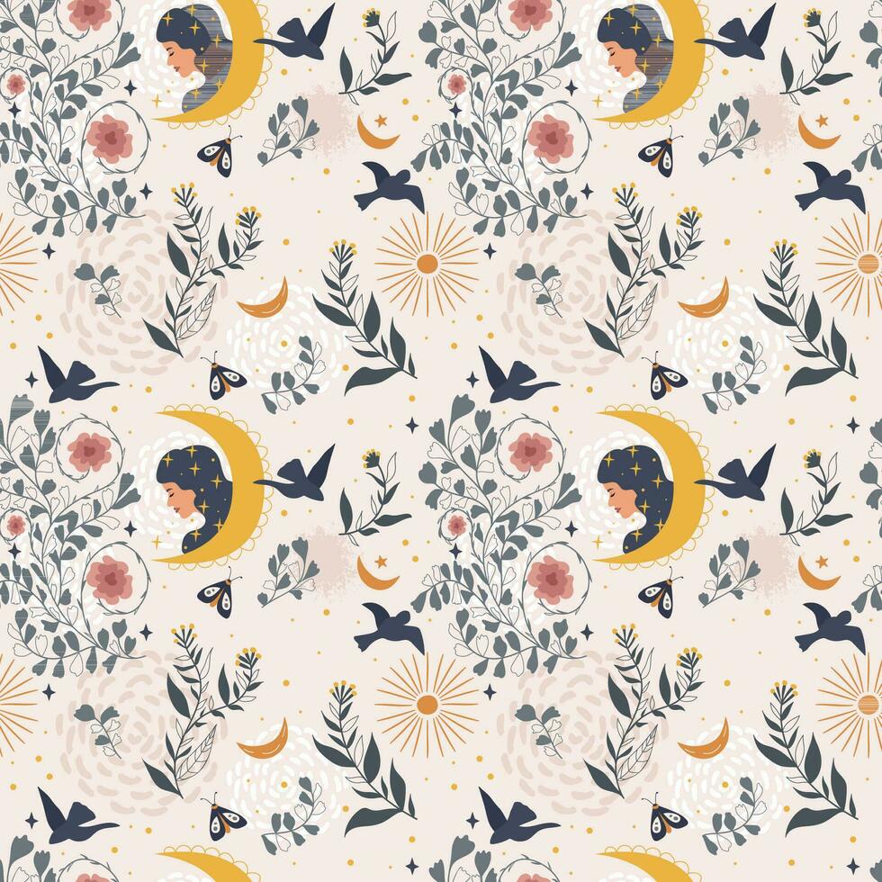 Mystical pattern. Girl, stars, flowers, birds. Seamless pattern. Vector illustration