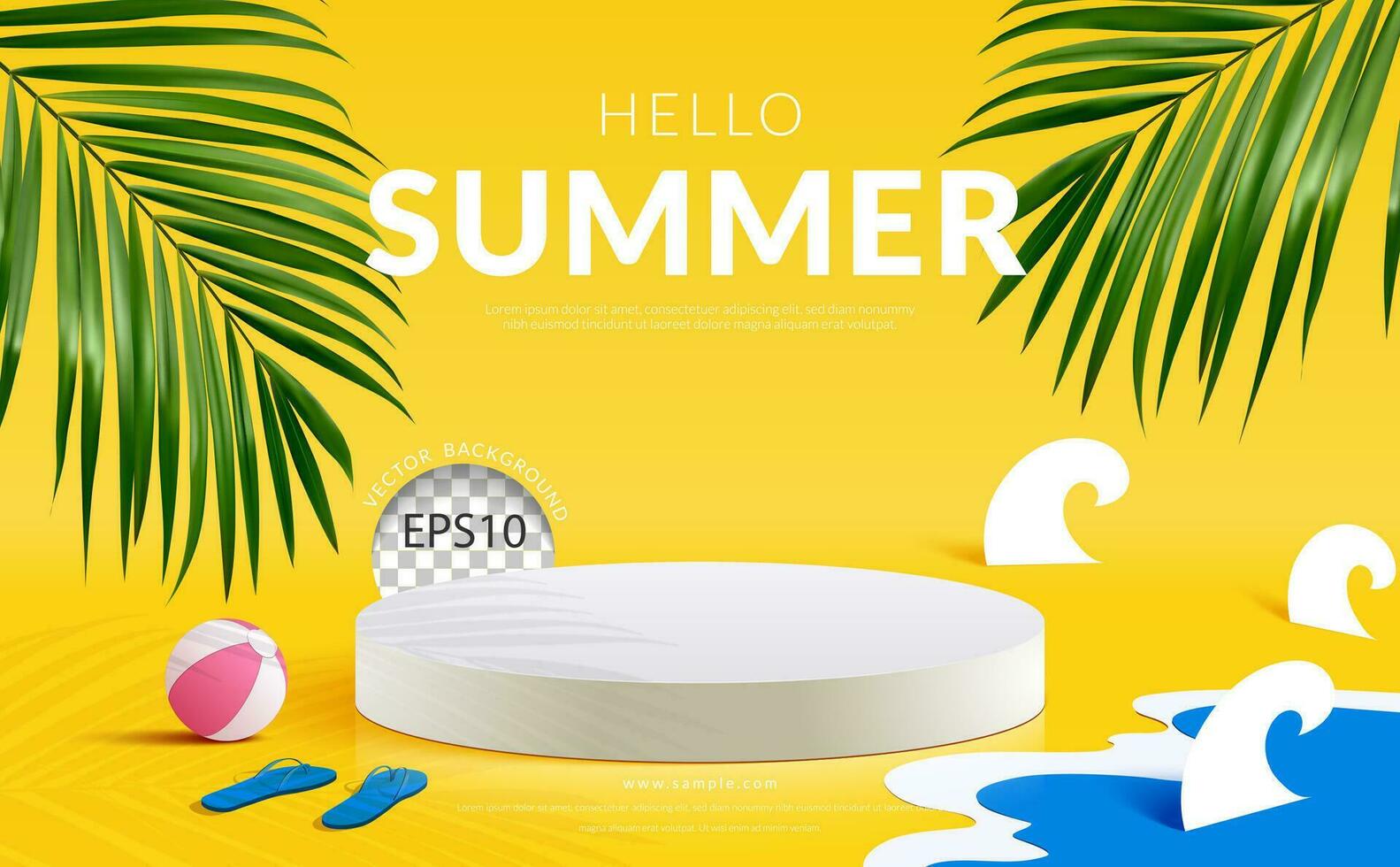 Hello summer modern stage podium on paper cut beach theme decoration yellow background. Vector illustration