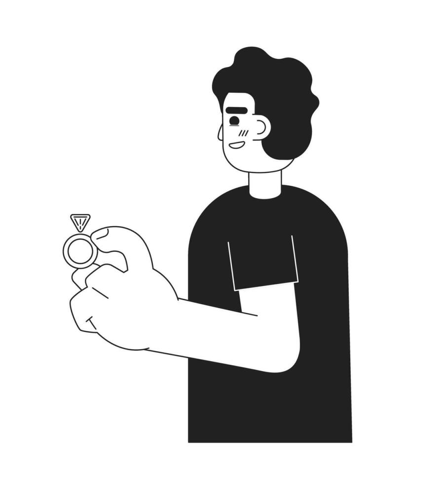 Young hispanic man holding diamond engagement ring monochromatic flat vector character. Marriage proposal. Editable line full body person on white. Simple bw cartoon spot image for web graphic design