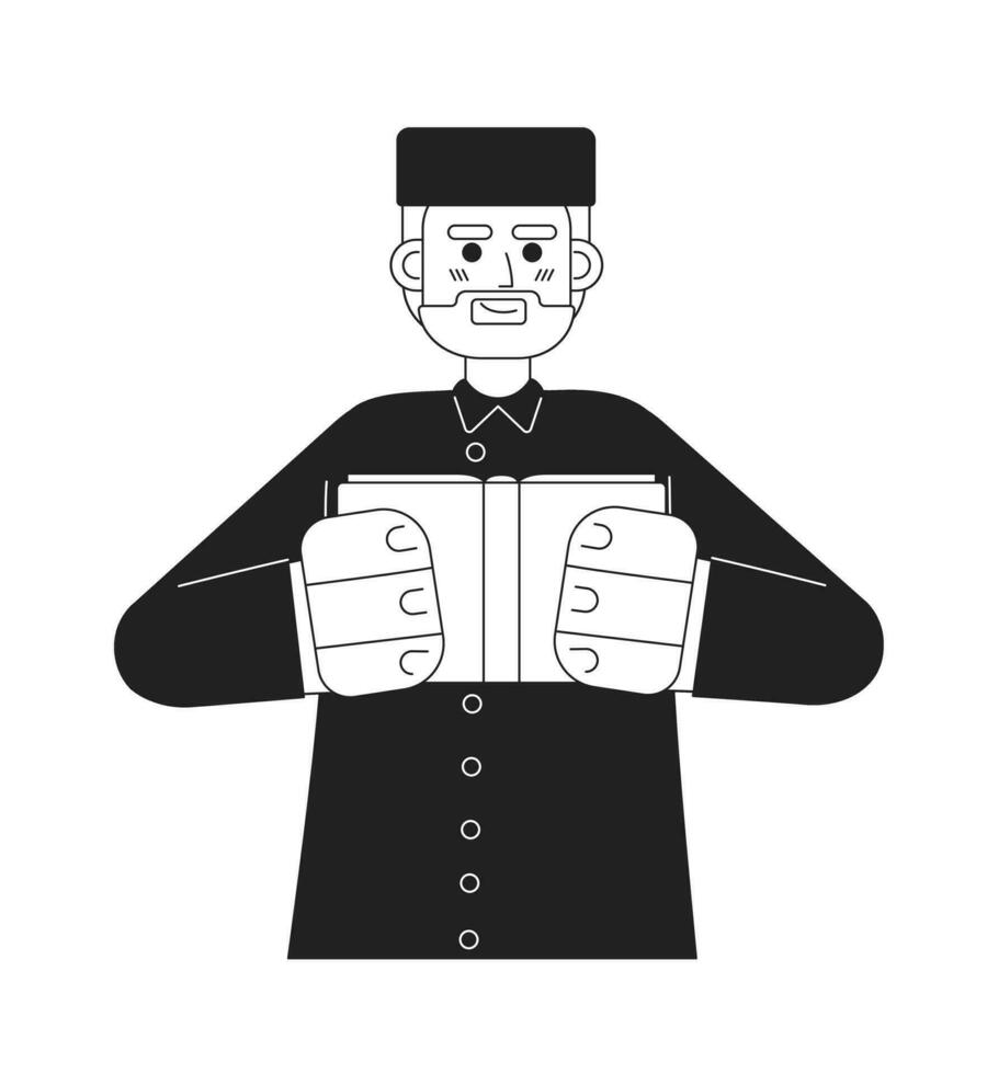 Imam muslim man monochromatic flat vector character. Islamic preacher. Prayer leader. Spiritual advisor. Editable line full body person on white. Simple bw cartoon spot image for web graphic design