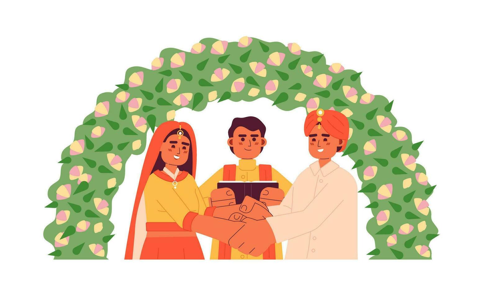 indio oración oficiando novia novio hindú Boda semi plano vistoso vector caracteres. ceremonial evento. editable medio cuerpo personas en blanco. sencillo dibujos animados Mancha ilustración para web gráfico diseño