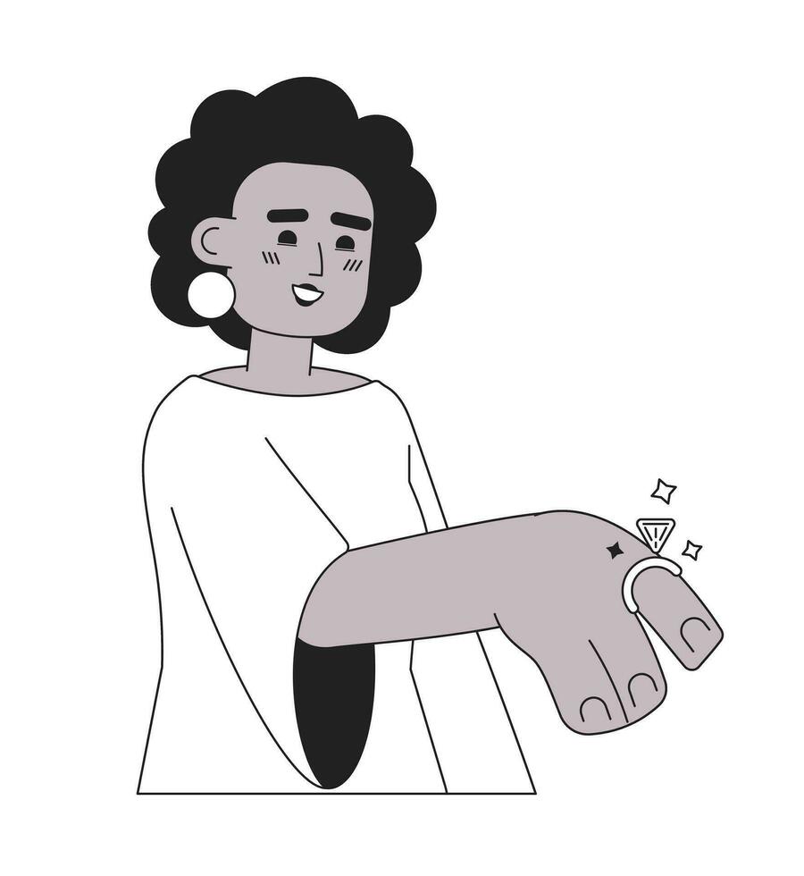 hermosa afro americano novia con anillo en dedo monocromo plano vector personaje. negro futura esposa. editable línea lleno cuerpo persona en blanco. sencillo bw dibujos animados Mancha imagen para web gráfico diseño