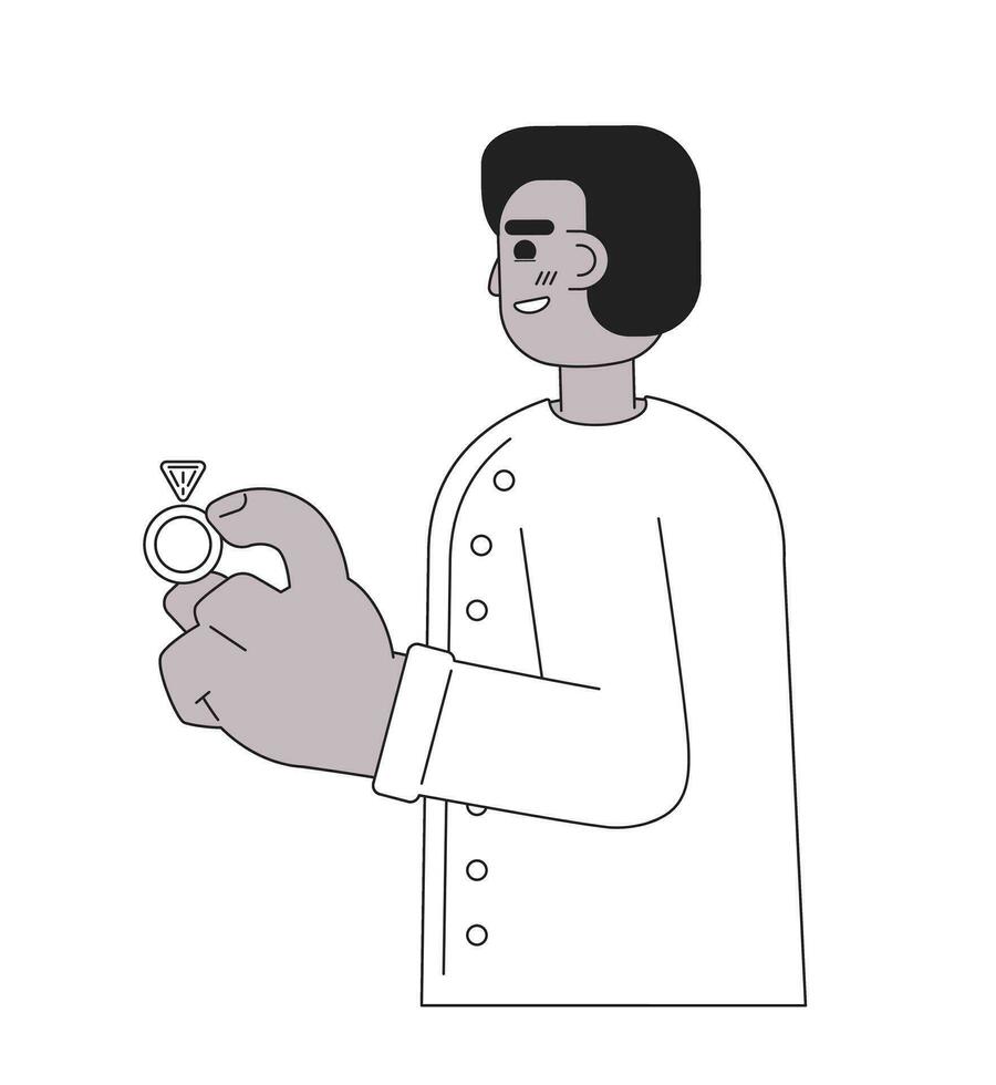 Young african american man holding classic engagement ring monochromatic flat vector character. Proposal. Editable line full body person on white. Simple bw cartoon spot image for web graphic design