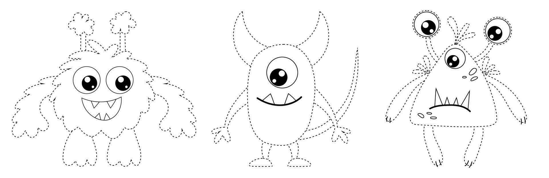 Connect the Dots, educational game for kids, cartoon monsters, aliens. vector