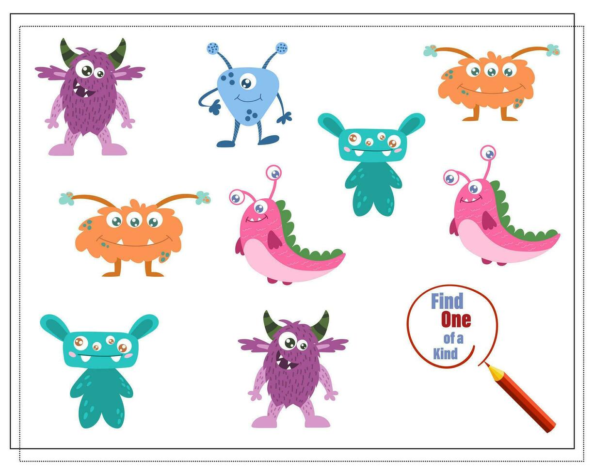 Find a couple, educational game for kids, cartoon monsters, aliens. vector