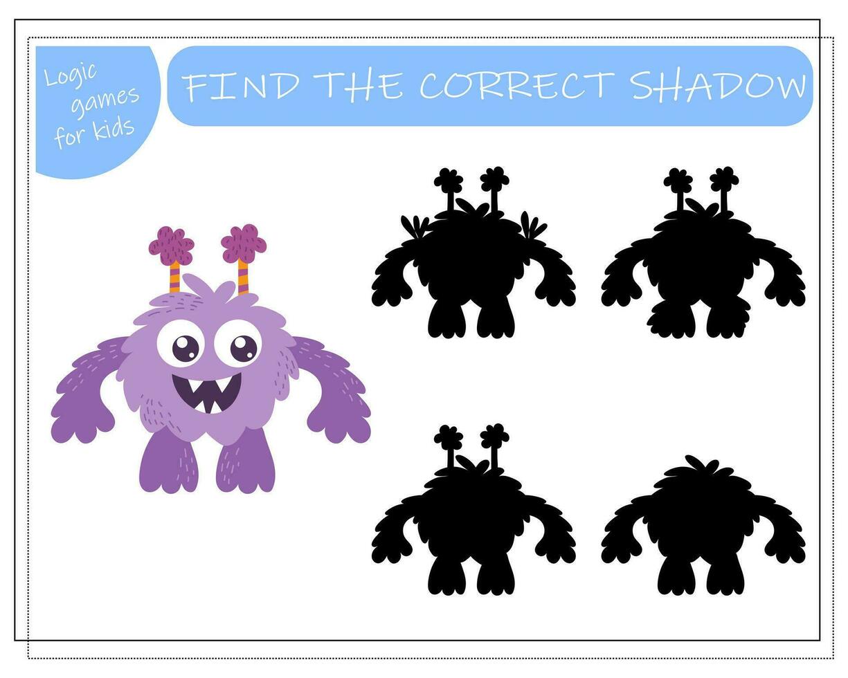 encontrar el Derecha sombra, un educativo juego para niños, dibujos animados monstruos, extranjeros en un volador platillo. vector ilustración en un blanco antecedentes.