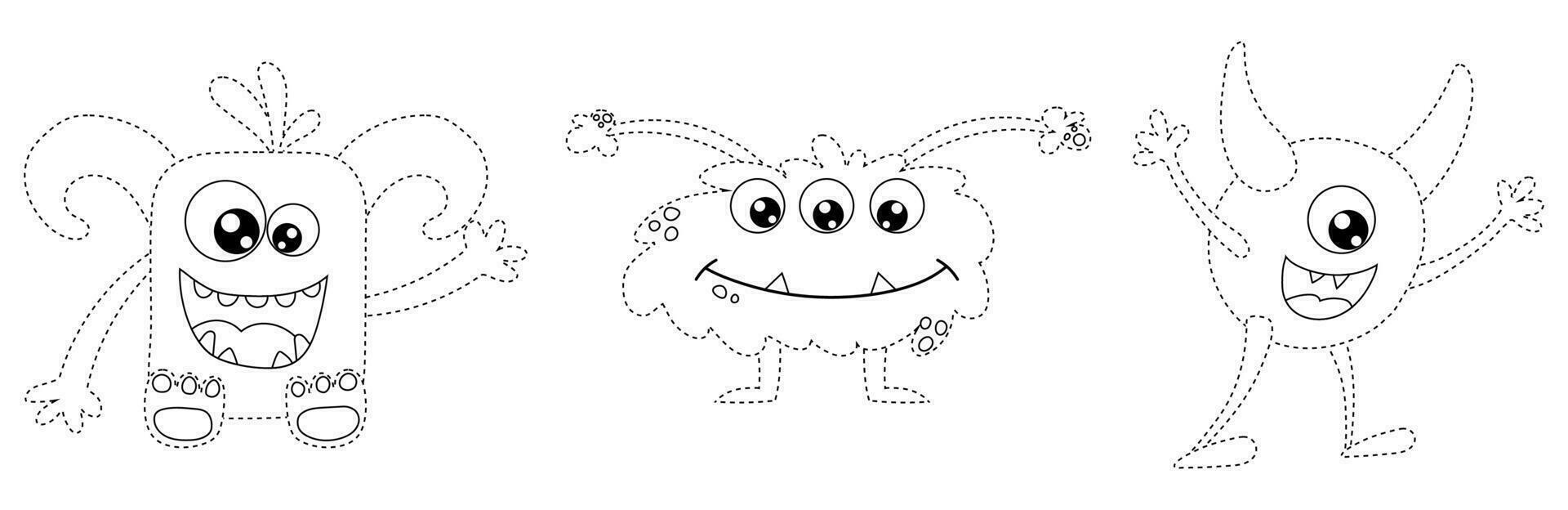 Connect the Dots, educational game for kids, cartoon monsters, aliens. vector