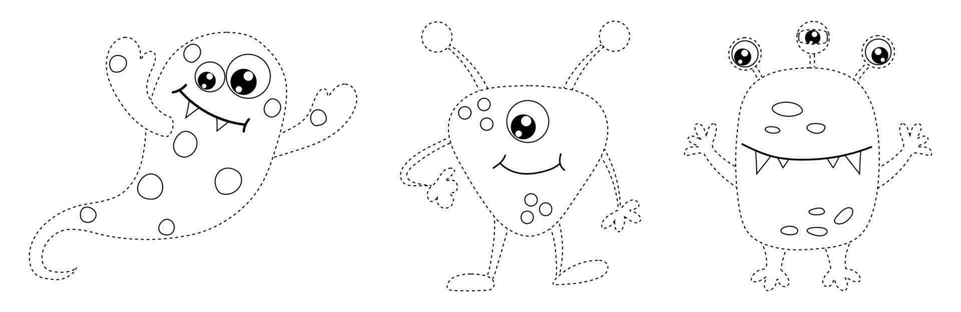 Connect the Dots, educational game for kids, cartoon monsters, aliens. vector