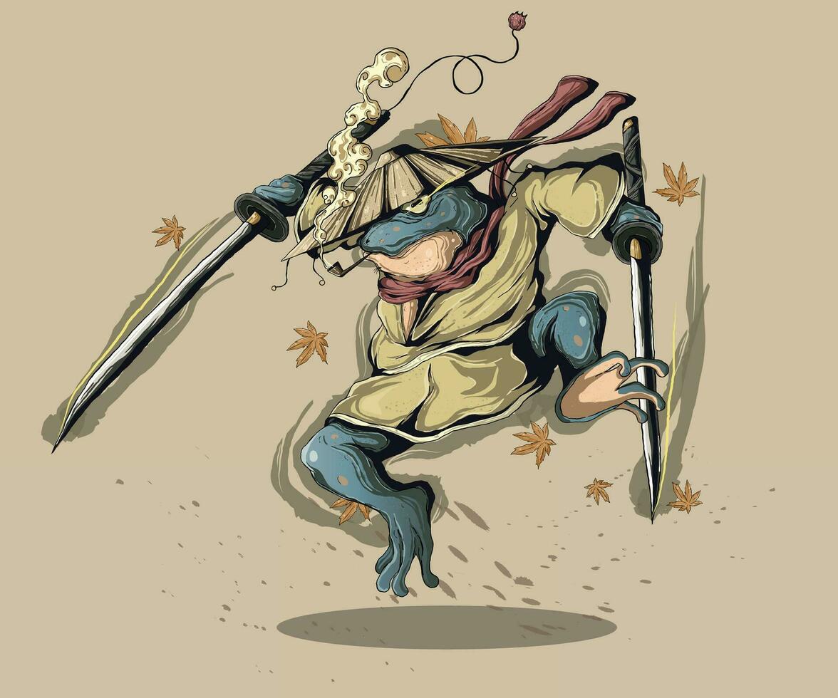 vector illustration of a samurai toad with two