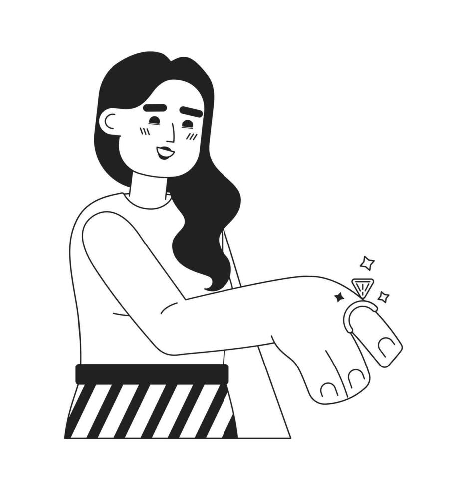 Young latina woman showing engagement ring monochromatic flat vector character. Future wife proposal. Editable thin line full body person on white. Simple bw cartoon spot image for web graphic design