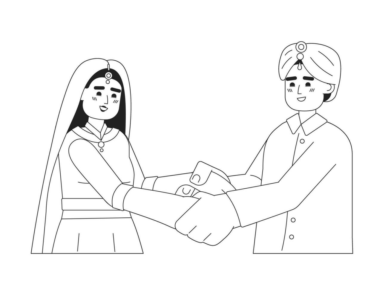 Hindu wedding couple holding hands monochromatic flat vector characters. Happy indian groom and bride. Editable thin line half body people on white. Simple bw cartoon spot image for web graphic design