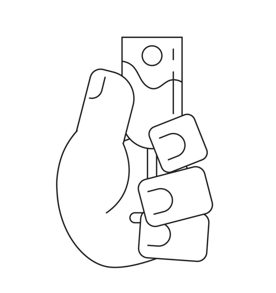 Outline hand holding champagne glass monochromatic flat vector hand. Wedding party. Editable thin line pov closeup clip art on white. Simple bw cartoon spot image for web graphic design
