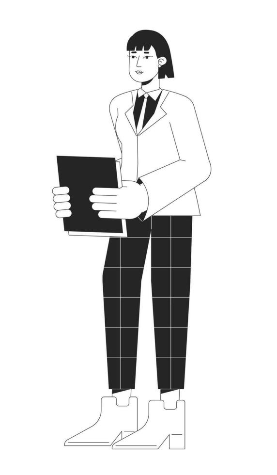 Female office worker with paperwork bw vector spot illustration. Woman in formal wear 2D cartoon flat line monochromatic character for web UI design. Editable isolated outline hero image