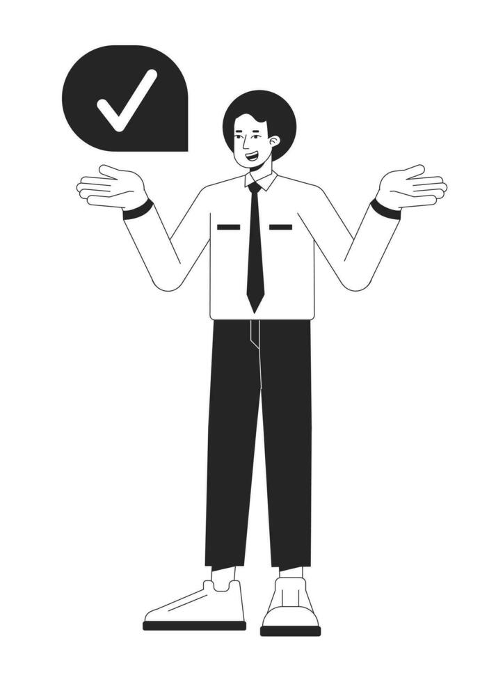 Businessman confirmation bw concept vector spot illustration. Male office employee correct 2D cartoon flat line monochromatic character for web UI design. Yes editable isolated outline hero image
