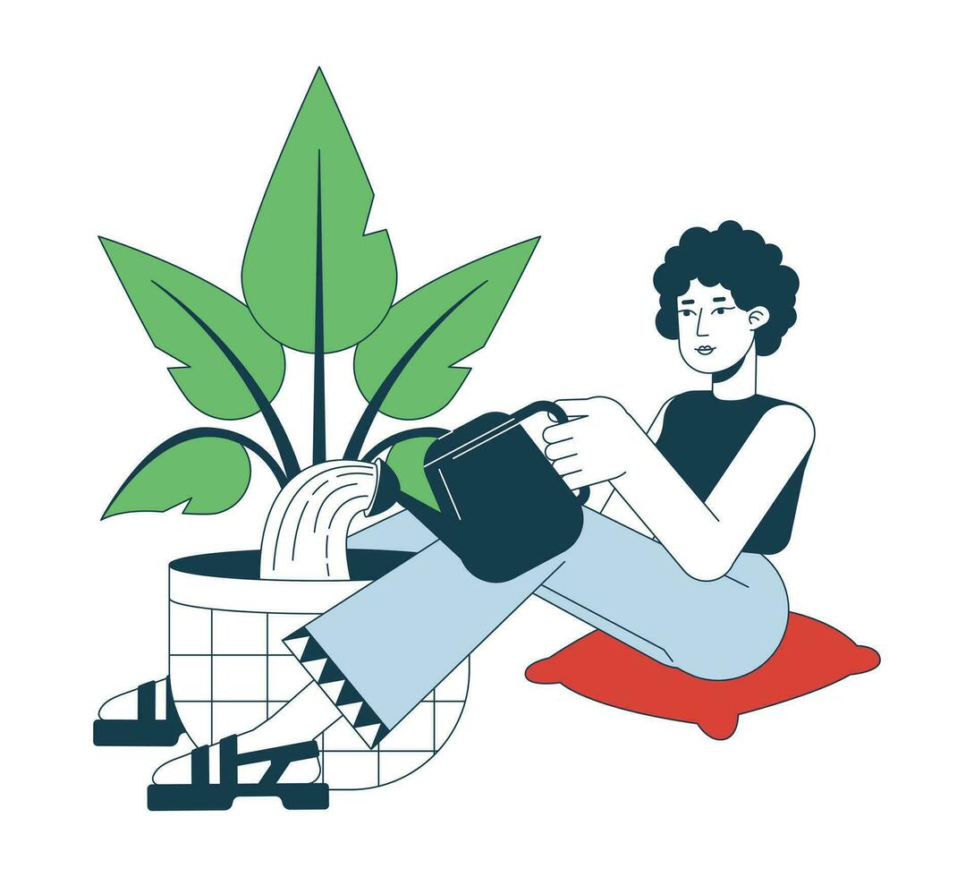 Curly hair woman watering house plant flat line color vector character. Editable outline full body person on white. Plant care. Gardening indoor simple cartoon spot illustration for web graphic design
