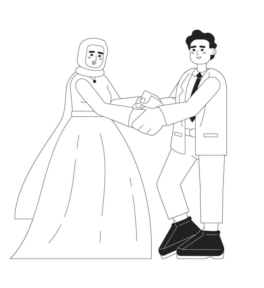 musulmán novia y novio recepción monocromo plano vector caracteres. mujer en nupcial lehenga con hiyab editable línea lleno cuerpo personas en blanco. sencillo bw dibujos animados Mancha imagen para web gráfico diseño