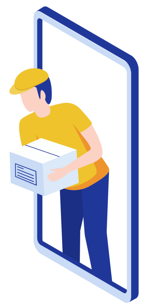 Delivery courier man holding Parcel Box with mobile phone png