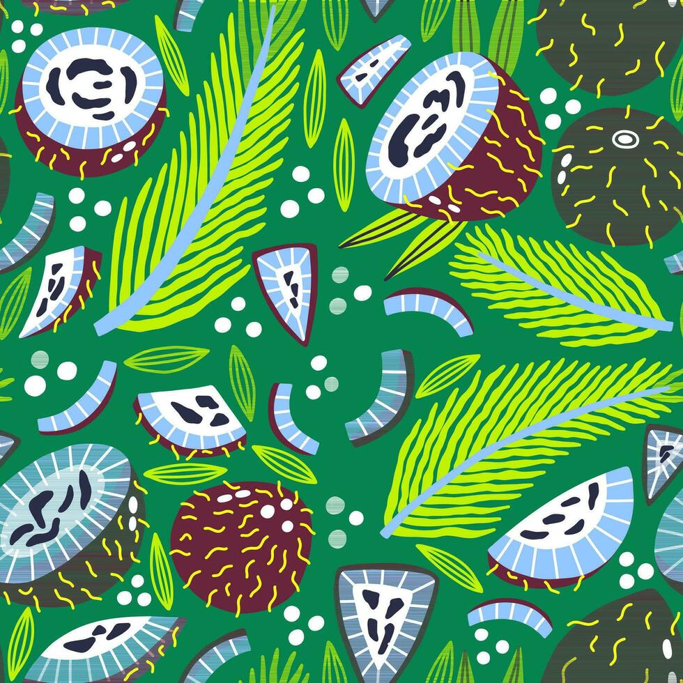 Seamless pattern acid fruit coconut and palm leaf vector