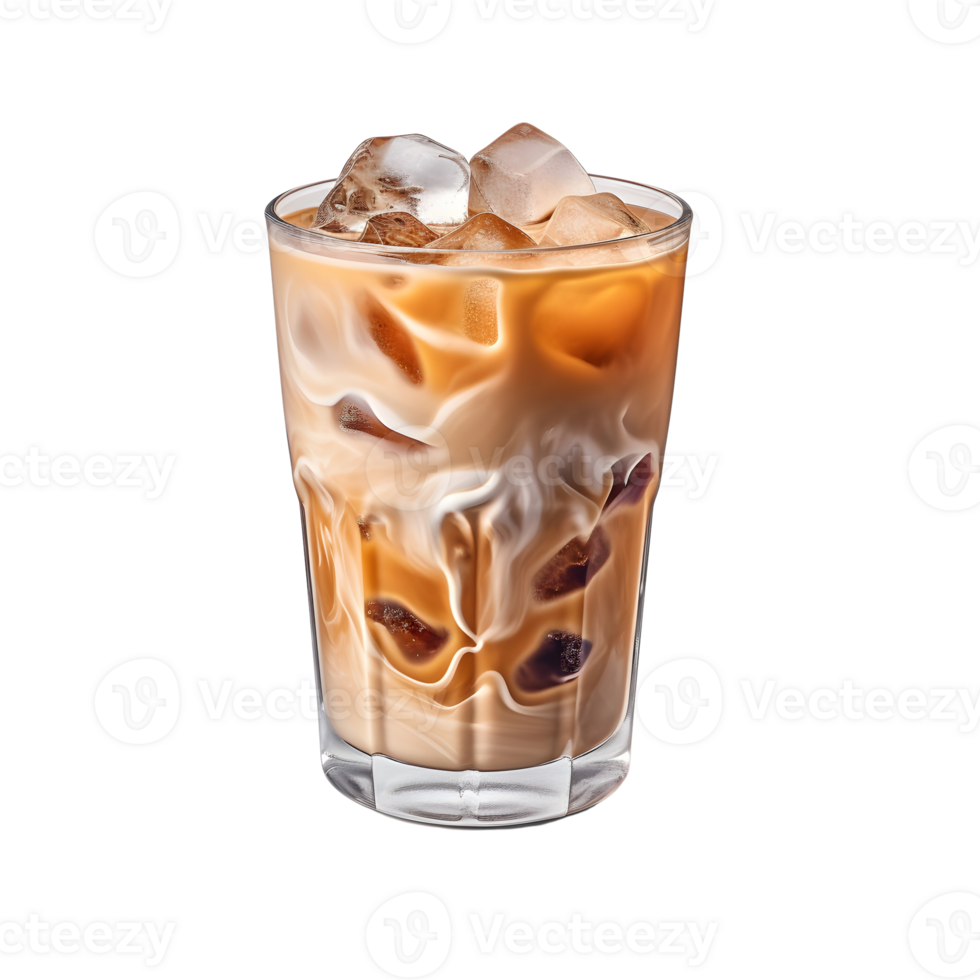 Ice coffee in a glass with cream poured over and coffee beans. Cold summer drink. png